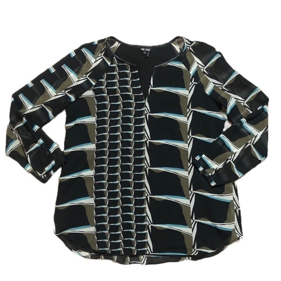NIC+ZOE Tops - Nic+Zoe Leather Trim Black Green Blue Abstract Geo Print Tunic Top Medium